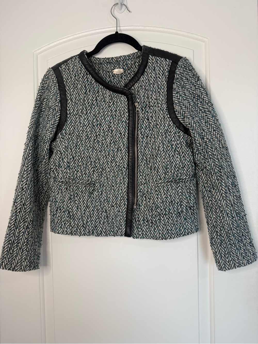 ATEEN Brazil Luxury Woven Chevron Moto Jacket Leather Trim Teal Black Size 36